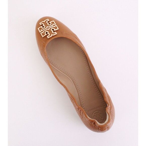 NIB Tory Burch MELINDA Ballet Flats Tumbled Leather in Royal Tan/ Gold in 7.5 - Picture 8 of 11